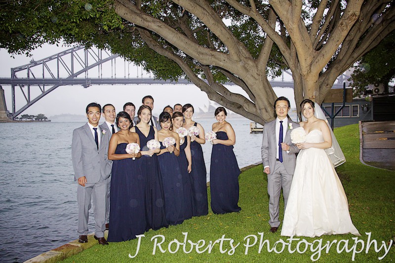 Bridal party under a tree next to Sydney Harbour in the rain - wedding photography sydney